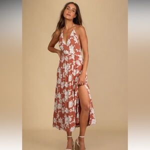 Lulus Orange Floral Print Halter Midi Dress
